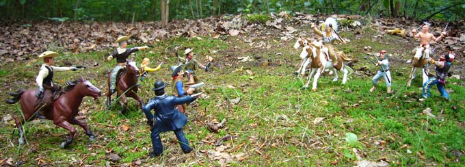 Die Indianer wehren sich gegen den Angriff der Cowboys